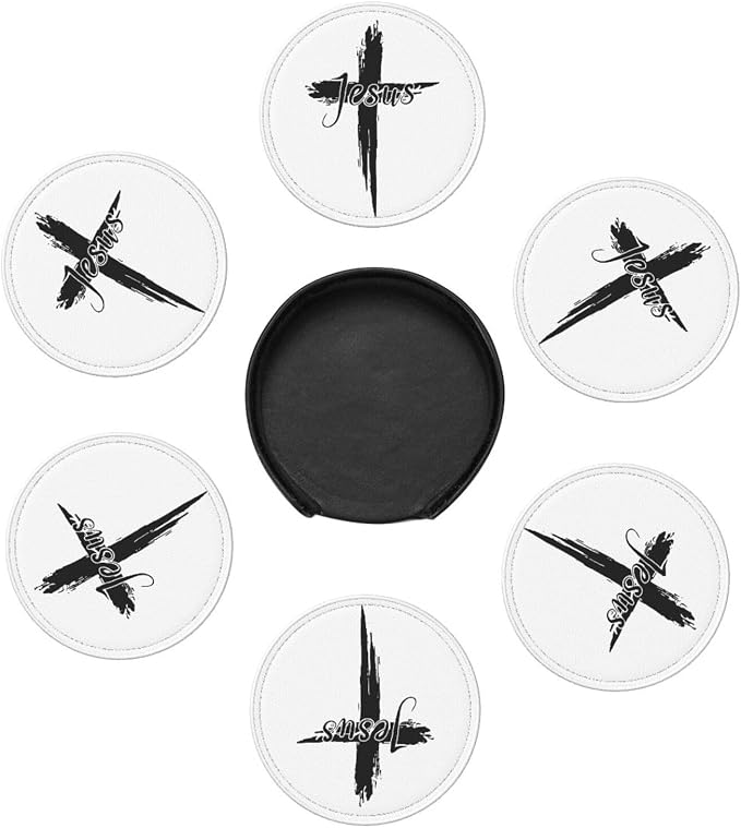 Jesus Cross Coasters for Drinks Set of 6, Round Leather Coaster - Image 7