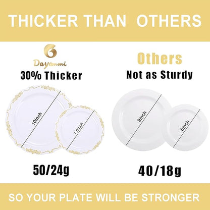 DaYammi 60PCS White and Gold Plastic Plates, Gold Rim Plates Disposable Heavy Duty Disposable Plate Premium 10inch White Dinner Plate Hard Plastic Platos for Party Wedding Bridal Shower