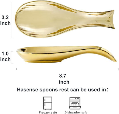 Ceramic Spoon Rest for Stove Top,Large 8.7 Inch Spoon Holder for Kitchen Counter,Porcelain Utensil Rest for Thankgiving and Christmas Gift,Dishwasher Safe and Heat-Resistant,Gold(1 PC)