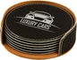 Custom Engraved Coasters | Personalized Leather Coaster | Set of 6 | Drink Coasters with Holder | Laser Engraved | Tabletop Protection | Gift for Couples (Round 4", Black w/Silver)