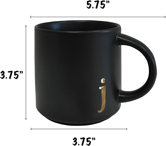 COLLECTIVE HOME Black Ceramic Coffee Mug, 15 oz Golden Monogram Tea Cup | - Image 4