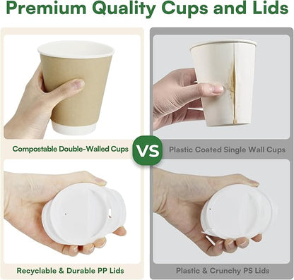 Paper Coffee Cups with Lids 12 oz Compostable Hot Cups,50 Pack Insulated Paper Cups with Lids, BPI Certified Natural Kraft To Go Coffee Cups Disposable for Office Coffee Bar Supplies Togo Travel Home