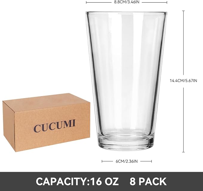 CUCUMI 8pcs 16oz Beer Pint Glasses | Drinking Glasses Set of 8 Highball Glasses - Image 2