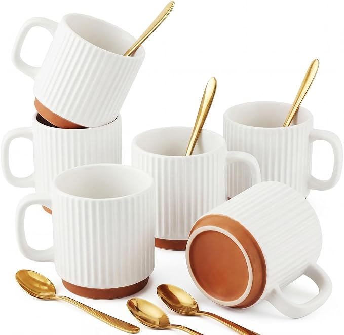 6 Set Ceramic Coffee Mugs with Gold Spoons, 8.8 oz Textured Ribbed Coffee Cups by Ferrochef