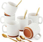 6 Set Ceramic Coffee Mugs with Gold Spoons, 8.8 oz Textured Ribbed Coffee Cups by Ferrochef