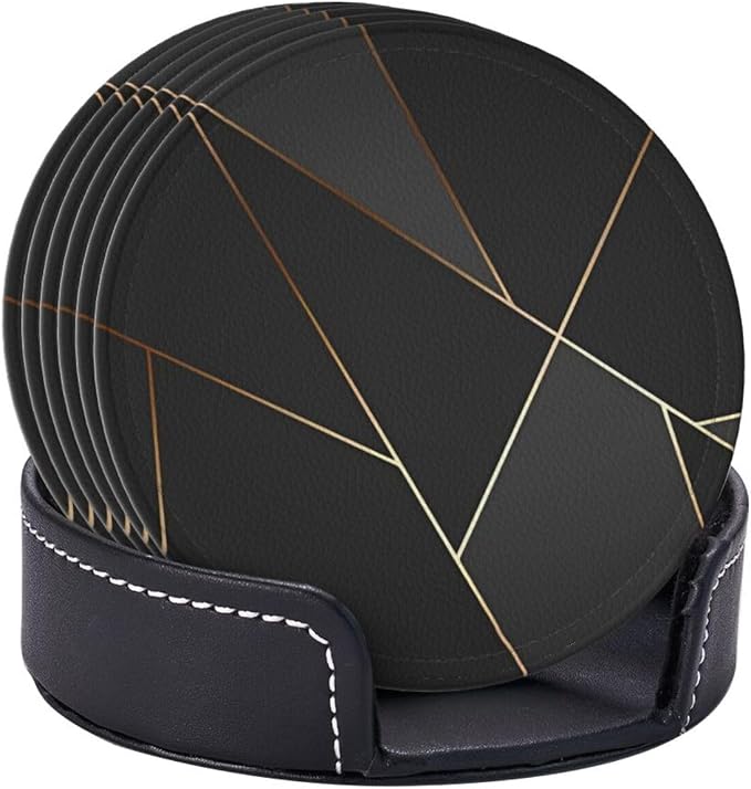 6 Pcs Black Gold Trim Pattern Leather Coasters - Image 6
