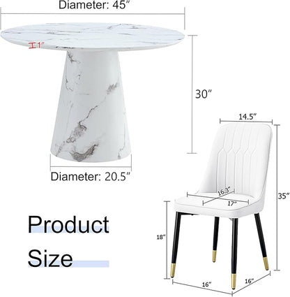 Round Dining Table Set for 4, 45" Modern Faux Marble Kitchen Table and Upholstered Chairs, 5 Piece Small Circle Dinette Set for Dining Room, Kitchen (White)