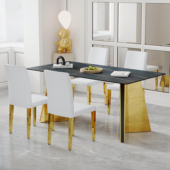 White Dining Chairs Set of 8,Faux Leather with Gold Metal Legs,Armless Kitchen Room Chairs Set of 8,Max Load 300 Lbs,High Back Modern Design for Home Kitchen Living Room Bedroom