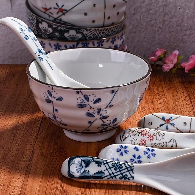 Japanese Style Ceramic Soup Spoons Set of 5, and Painted Porcelain Blue and - Image 5