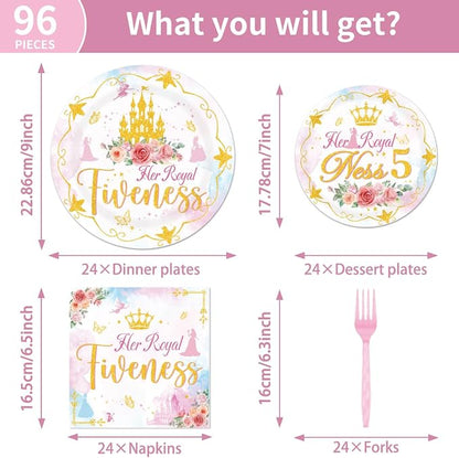 96Pcs Princess 5th Birthday Decorations Tableware Set Her Royal Fiveness - Image 2