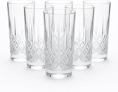 Glass with crystal-style design Clear Glass, Diamond Pattern, 15 oz, Set of 6, for Water, Cocktails, Beverages