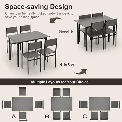 COSTWAY Dining Table Set for 4, Rectangular Kitchen Table and Chairs Set with Backrest, Metal Frame, Space-Saving Dinette Set, Breakfast Nook Table Set for Small Space, Apartment, Dorm (Grey)