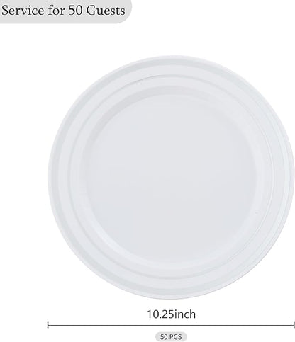 50 PCS Silver and White Plastic Plates for 50 Guests,10.25inch Silver Rimmed White Disposable Plastic Plates for Wedding,Party,Birthday,Smooth Edge & Heavy Duty Dinner Plate