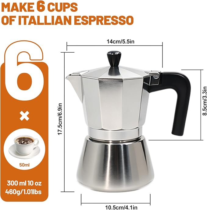 6 Cup Aluminum and Stainless Steel Moka Pot Espresso Stovetop Coffee | Maker - Image 2