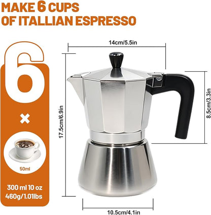 6 Cup Aluminum and Stainless Steel Moka Pot Espresso Stovetop Coffee | Maker - Image 2