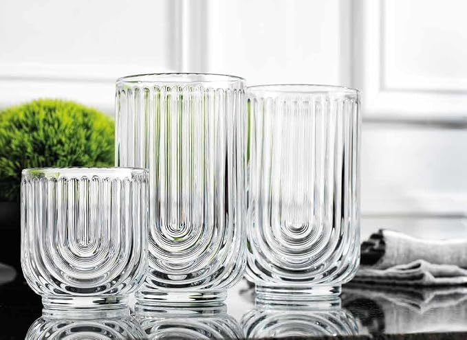 Glaver's 8-Piece Drinking Glass Set, Art Deco Ribbed Arch Glassware, 17oz - Image 4