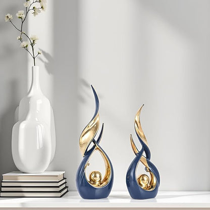 XMGZQ Gold Ceramic Abstract 2 Piece Statue Set,Mid Century Modern Abstract Art Home Decor Statue Mantelpiece on Unique Shelf Decor, TV Cabinet Divider Table top and Dining Table Centerpiece (Blue)