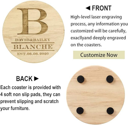 Personalized Monogram Coasters, Custom Engraved - Wooden Drink Coasters, Great Gifts (Set of 6)