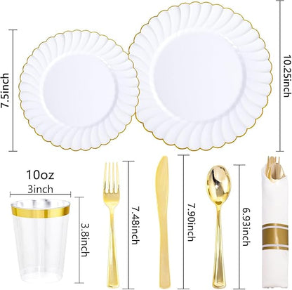 YOUBET 350PCS Gold Scalloped Plastic Plates - White and Gold Disposable Dinnerware Set Include 100 Plates, 150 Gold Silverware, 50 Cups, 50 Napkins for Wedding Party