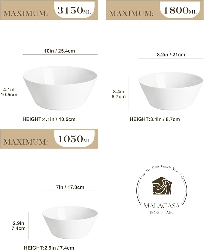 MALACASA White Serving Bowls Set of 3, Ceramic Mixing Bowl - Image 4