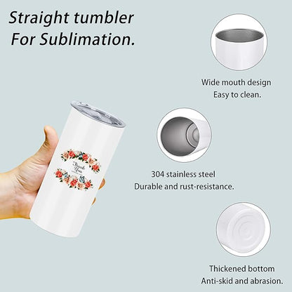 15 Oz Sublimation Skinny Tumbler Set, Straight Skinny Stainless Steel Tumbler Set for Sublimation with Lids, Insulated Skinny Slim Water Tumbler for Diy, White