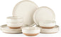 AmorArc Ceramic Dinnerware Sets for 4, 12 Pieces Handpainted Plates and Bowls Set with Rustic Terracotta Underside, Scratch Resistant Stoneware Dishes Set, Dishwasher & Microwave Safe, Beige