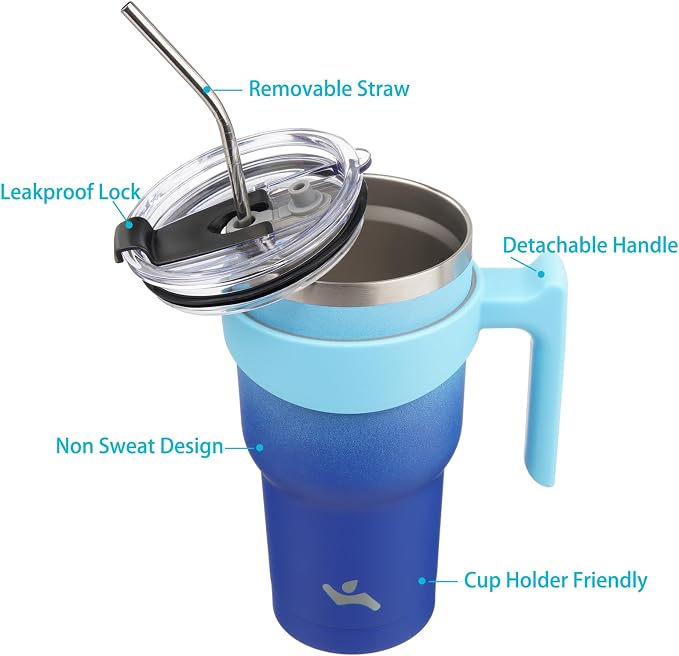 Konokyo 40 oz Tumbler with Handle and Straw, Insulated Travel Mug | Sky; - Image 2