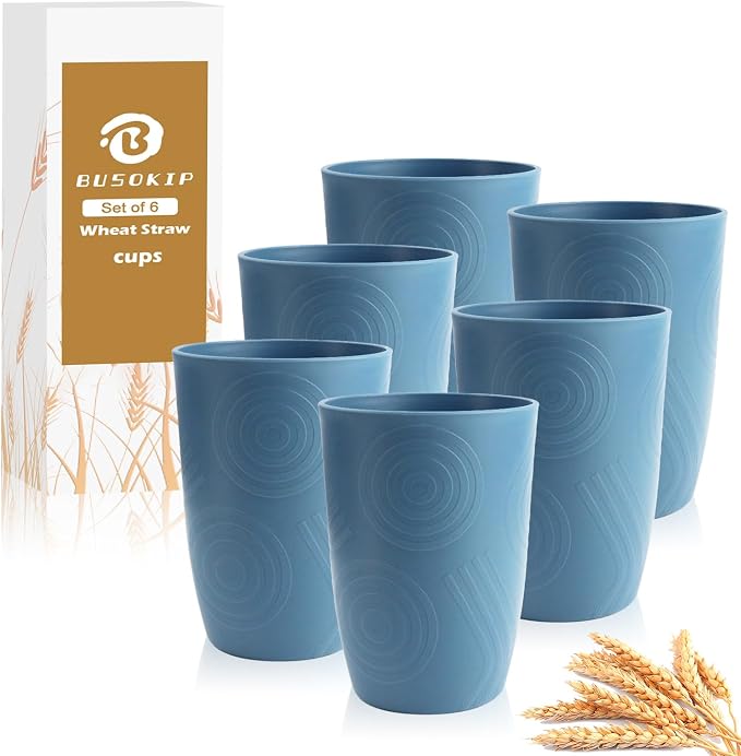 16oz Plastic Drinking Glasses, Wheat Straw Cups Set of 6 by BUSOKIP