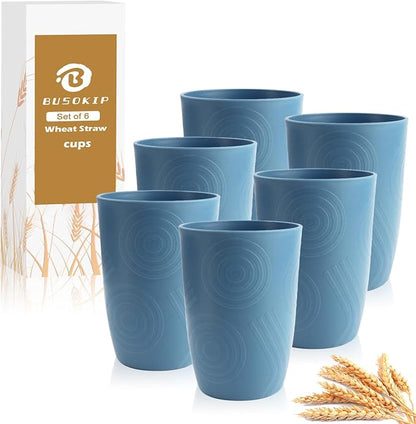 16oz Plastic Drinking Glasses, Wheat Straw Cups Set of 6 by BUSOKIP