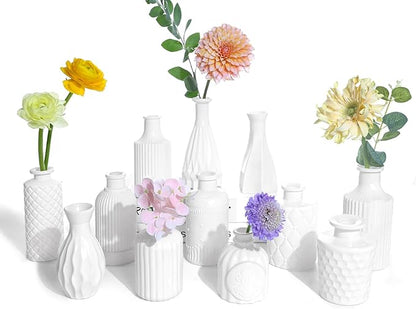 White Glass Bud Vases Set of 12, Small Vases for Flowers, Mini Flower Vases in Bulk for Wedding Decoration, Vintage Vase for Baby Shower Centerpieces, Home Décor