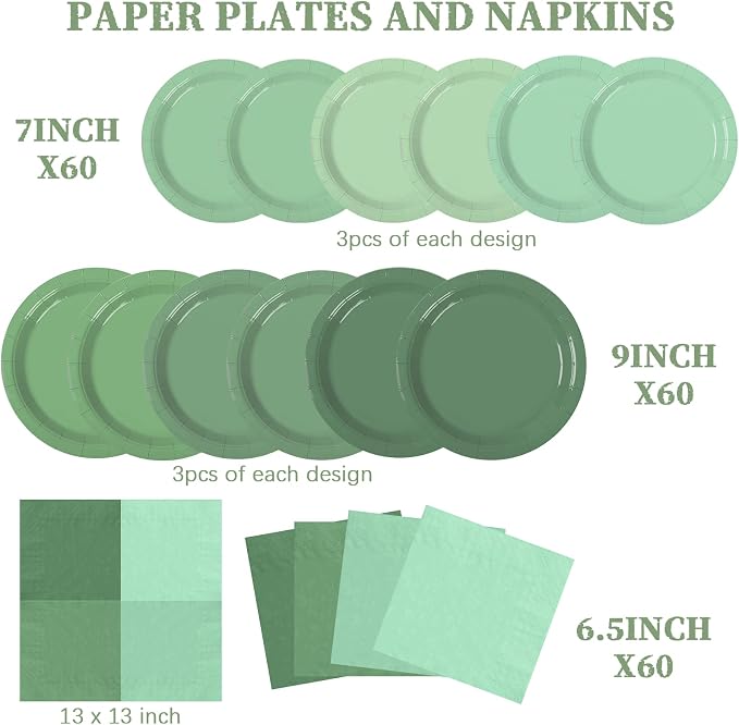Sage Green Paper Plates and Napkins Party Supplies, Serve 60 | 180pcs - Image 2