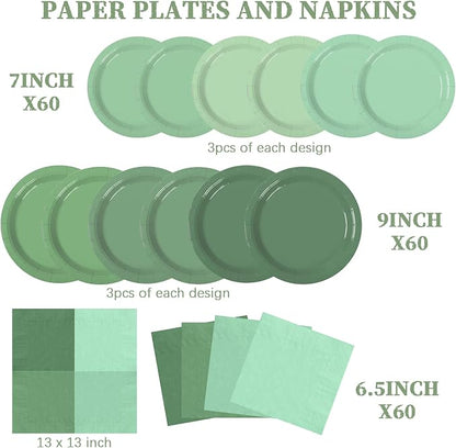 Sage Green Paper Plates and Napkins Party Supplies, Serve 60 | 180pcs - Image 2