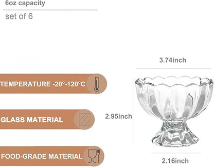 Iced Cream Dessert Bowl，Set of 6，6oz Vintage Glass ware with Heavy Base, Drinking Cup for Sundae, Fruit, Ice Cream, Snack, Condiment (6)
