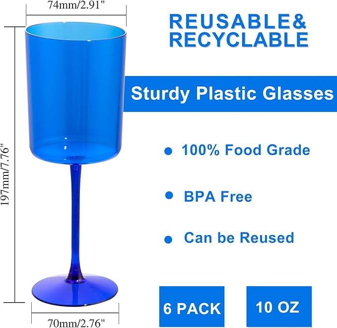 Ciaell 6 Pack Blue Plastic Wine Glasses - Image 2