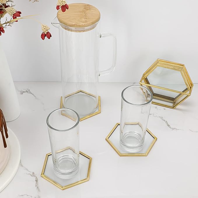 JUXYES Set of 7 Gold Brass Clear Glass Round Coaster - Image 8