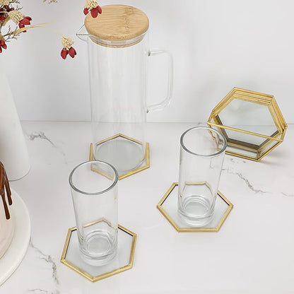 JUXYES Set of 7 Gold Brass Clear Glass Round Coaster - Image 8