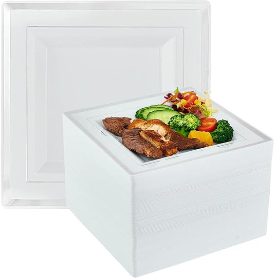Vplus 90 Piece 9.5 Inch Silver Plastic Plates Disposable, Heavy Duty White Elegant Durable Dinner Plastic Party Plates with Silver Rim Perfect for Party Christmas