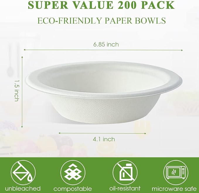 Vplus 200 Pack 16 OZ Compostable Paper Bowls, Bagasse Bowls，White | Disposable - Image 3