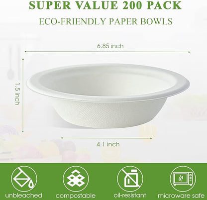 Vplus 200 Pack 16 OZ Compostable Paper Bowls, Bagasse Bowls，White | Disposable - Image 3