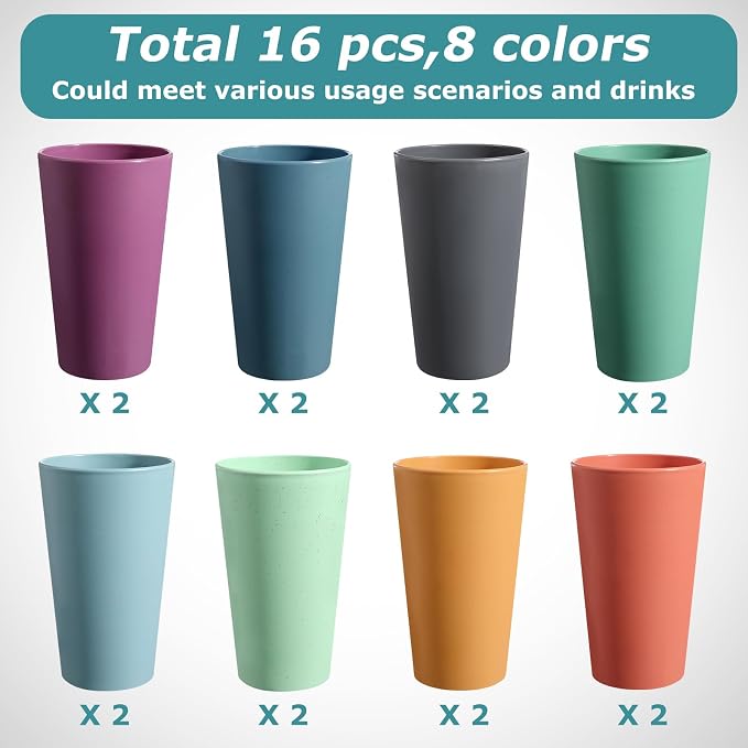 HEYCOME Set of 16 Wheat Straw Cups, Reusable Plastic Cups Sets, Water Glasses - Image 3