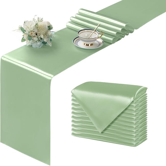 Manyshofu Sage Green Satin Table Runner 12x108 by Manyshofu