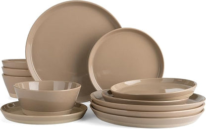 Famiware Saturn Dinnerware Sets for 4, 12 Pieces Stoneware Plates and Bowls Dish Set - Chip and Scratch Resistant, Microwave and Dishwasher Safe Tableware, Cinnamon Brown