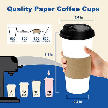 20 oz 500 Pack Coffee Cups with Lids and Sleeves, Straws, Hot Disposable To Go Travel Paper Cups Bulk for Office, Home Coffee Bar Accessories, Chocolate, Cocoa, Beverage (White)