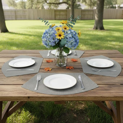 SHACOS Wedge Shaped Placemats Set of 4 Woven Vinyl Dining Table Place Mats Round Table Mats Non Slip Heat Resistant Wipe Clean Indoor Outdoor Table Decor (4, Gray)