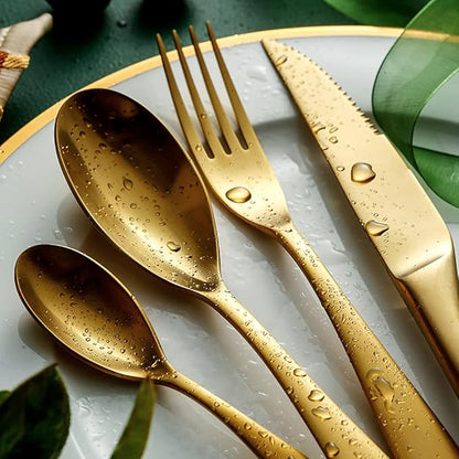 16 Piece Gold Silverware Set for 4,Modern Unique 18/10 Stainless Steel Flatware Cutlery Set, Eating Tableware Set,Vintage Luxury Style Cutlery Set for Home Restaurant Wedding Party