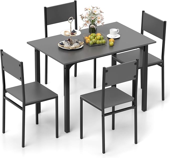 COSTWAY Dining Table Set for 4, Rectangular Kitchen Table and Chairs Set with Backrest, Metal Frame, Space-Saving Dinette Set, Breakfast Nook Table Set for Small Space, Apartment, Dorm (Grey)