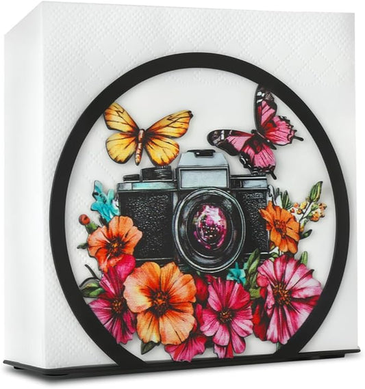 Modern Napkin Holder for Table Decor,Black Metal Napkin Dispenser fit Tissue Mail Bills Paper Towel Holder, Camera Butterfly Napkin Holders,Napkin Stand for Home Kitchen Dining Restaurant Cocktail