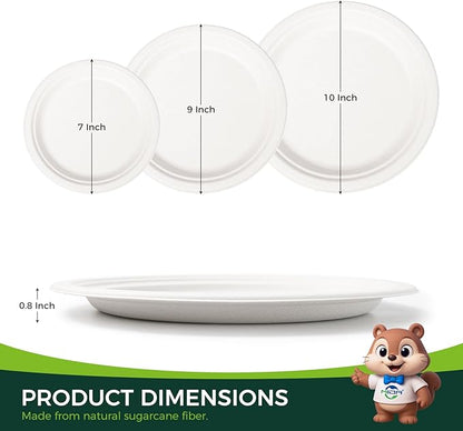 100% Compostable 9 inch Paper Plates, [125-Pack] Disposable Party Plates, (BPI Certified)-Heavy Duty, Eco-Friendly Dinner Paper Plates, Biodegradable Sugarcane Plates, white