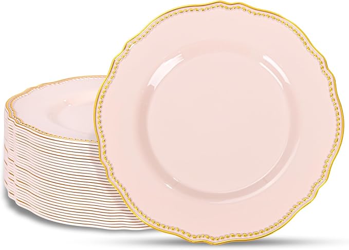 60 Pcs Pink Gold Dinner Plates for Wedding | 10 inch Heavy-duty Disposable by Hioasis