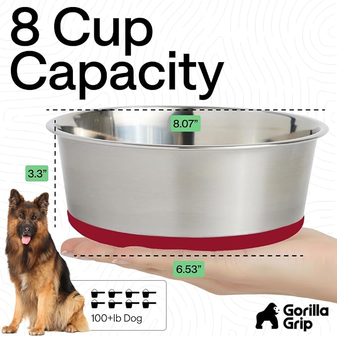 GORILLA GRIP Dog Bowl, Holds 8 Cups, Food Grade 304 Stainless Steel Food and - Image 4
